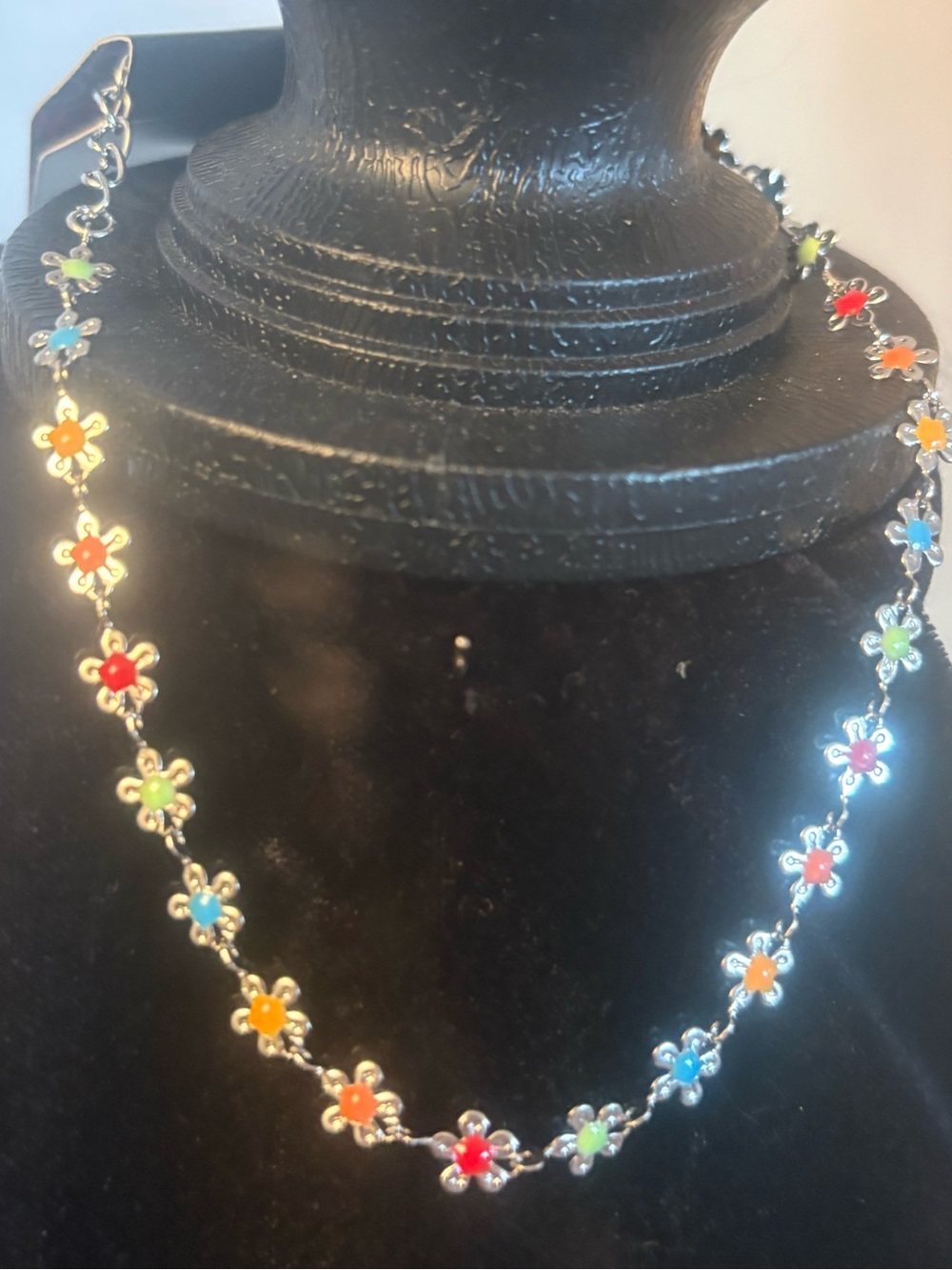 Silver Multi-Color Flower Link Necklace - Unbranded